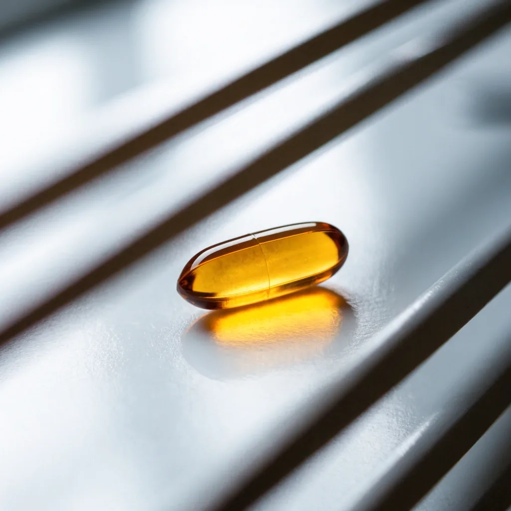 An unlabelled capsule resting on brushed stainless steel under cold overhead light