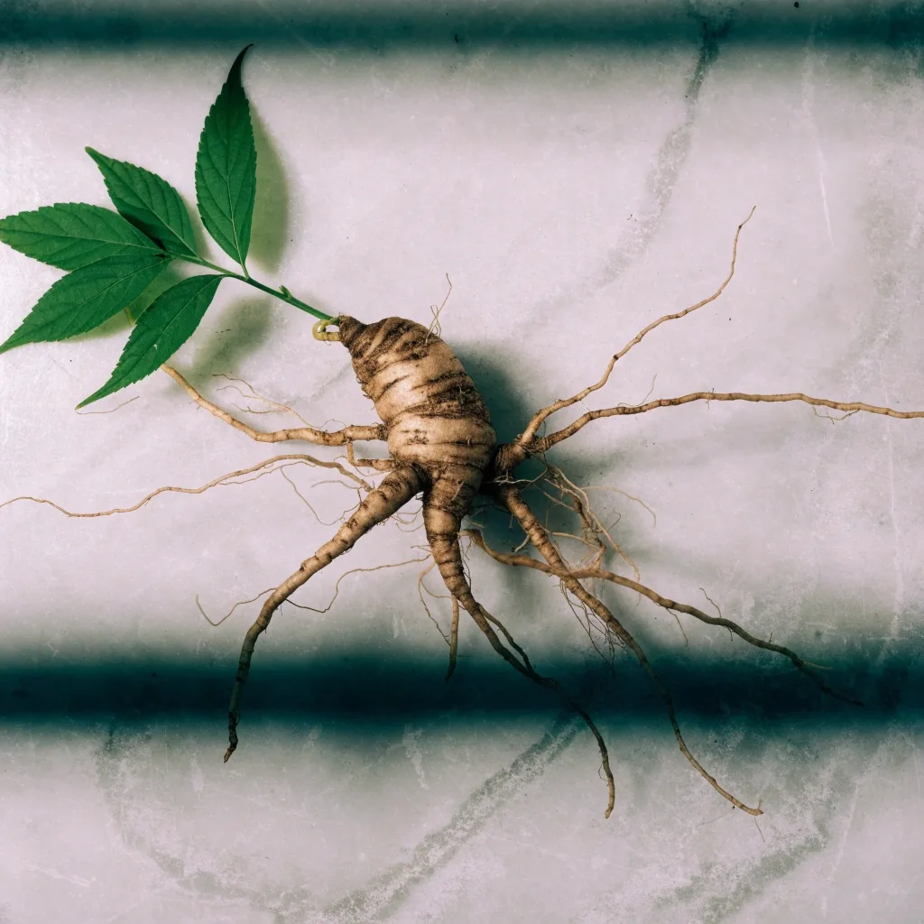 Panax ginseng leaves and a root resting on a pale stone worktop under cool overhead light