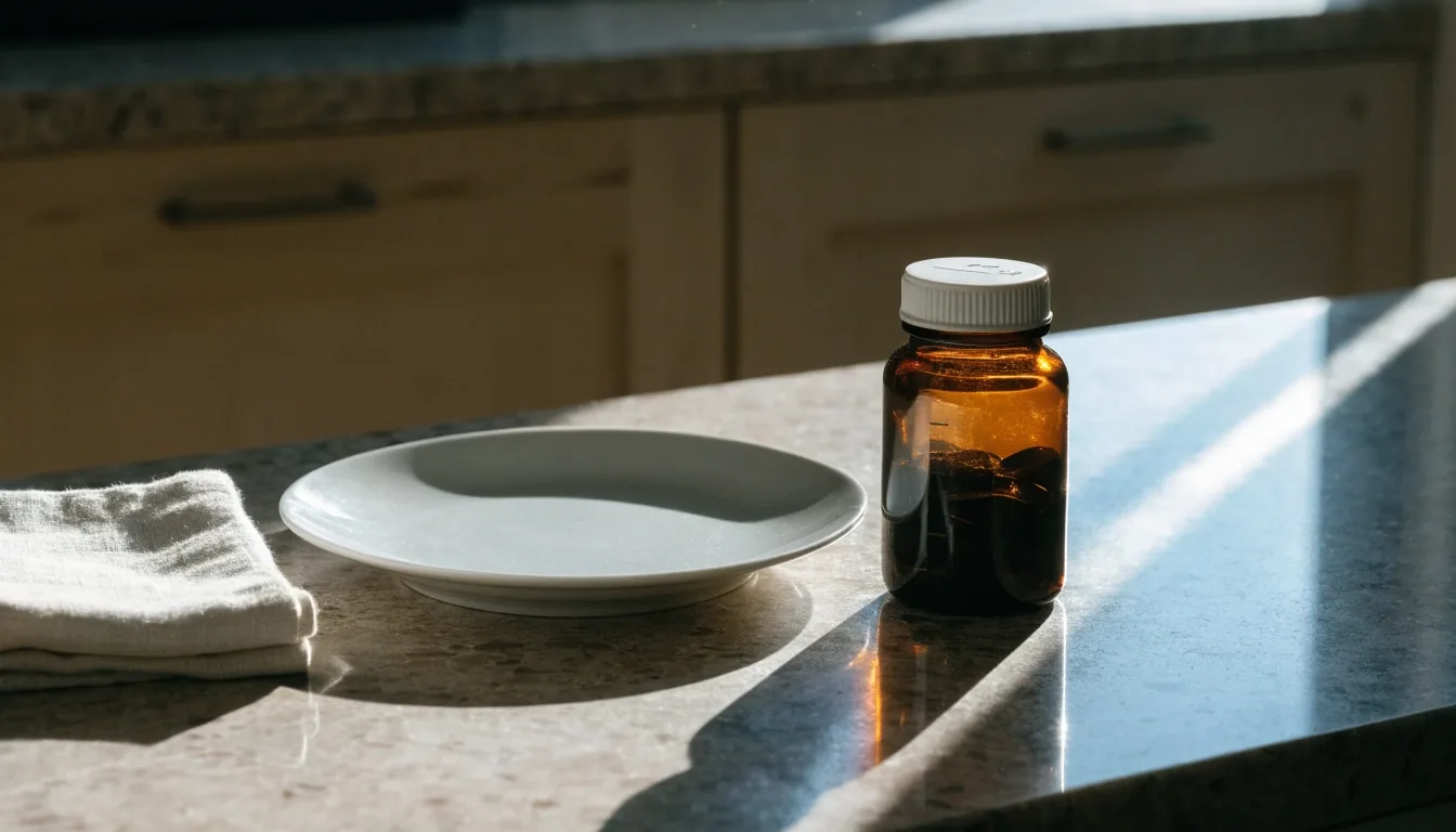 An unbranded supplement bottle on a kitchen counter in late afternoon window light