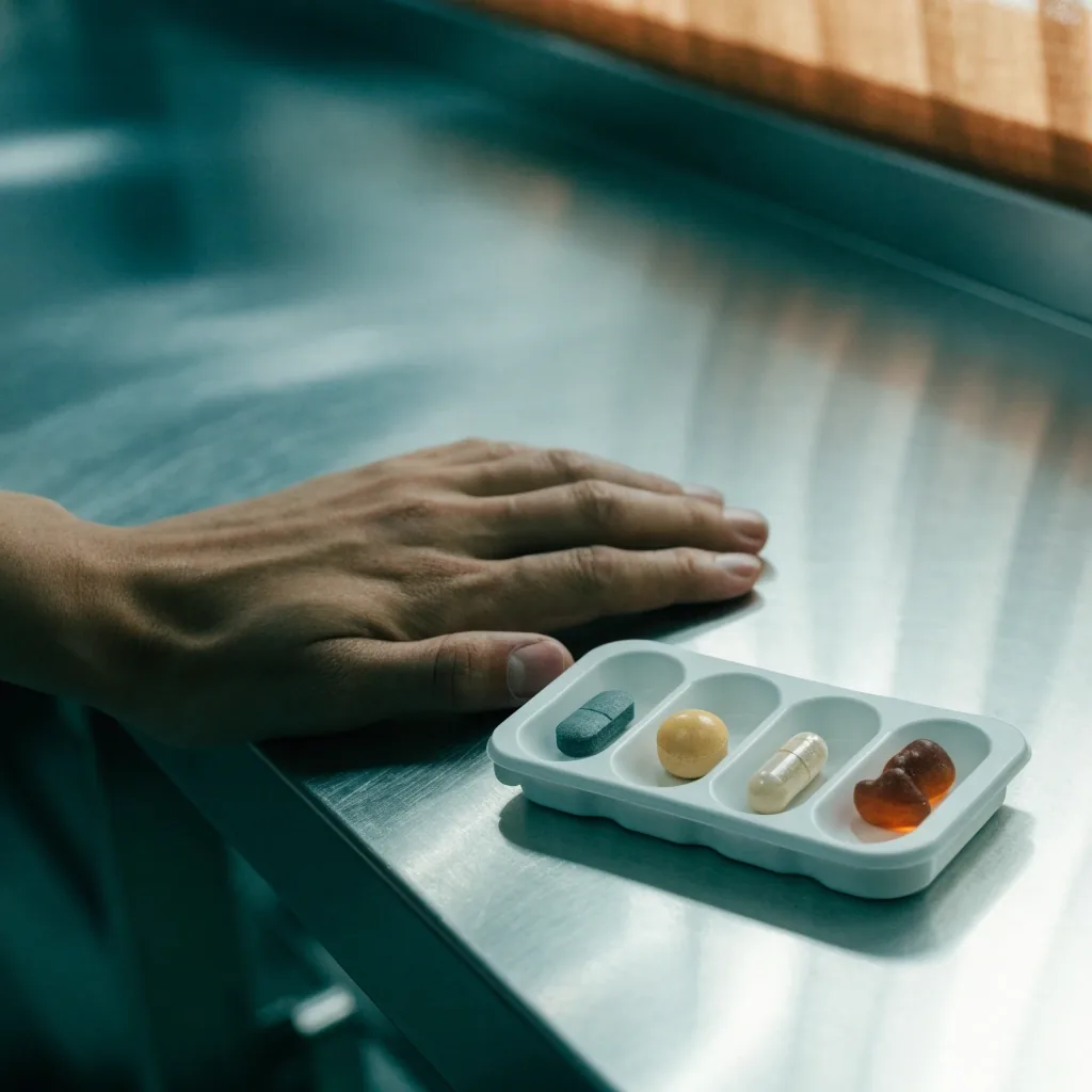 Tablet, caplet, capsule and gummy each photographed in isolation on a ruled white surface