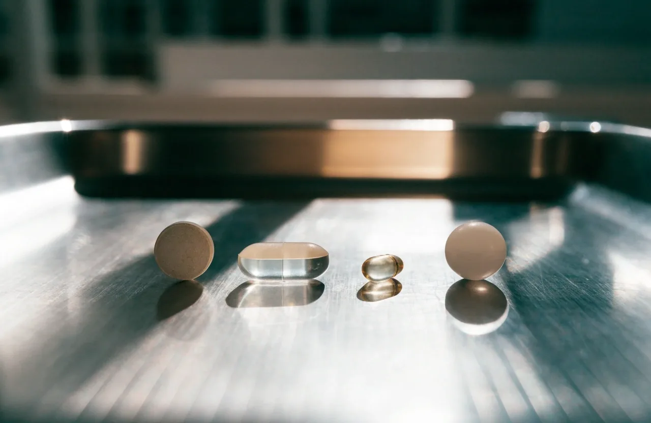 Steel cleanroom bench with four unbranded supplement formats arranged in a row under cold overhead light, one warm window shadow raking across the surface