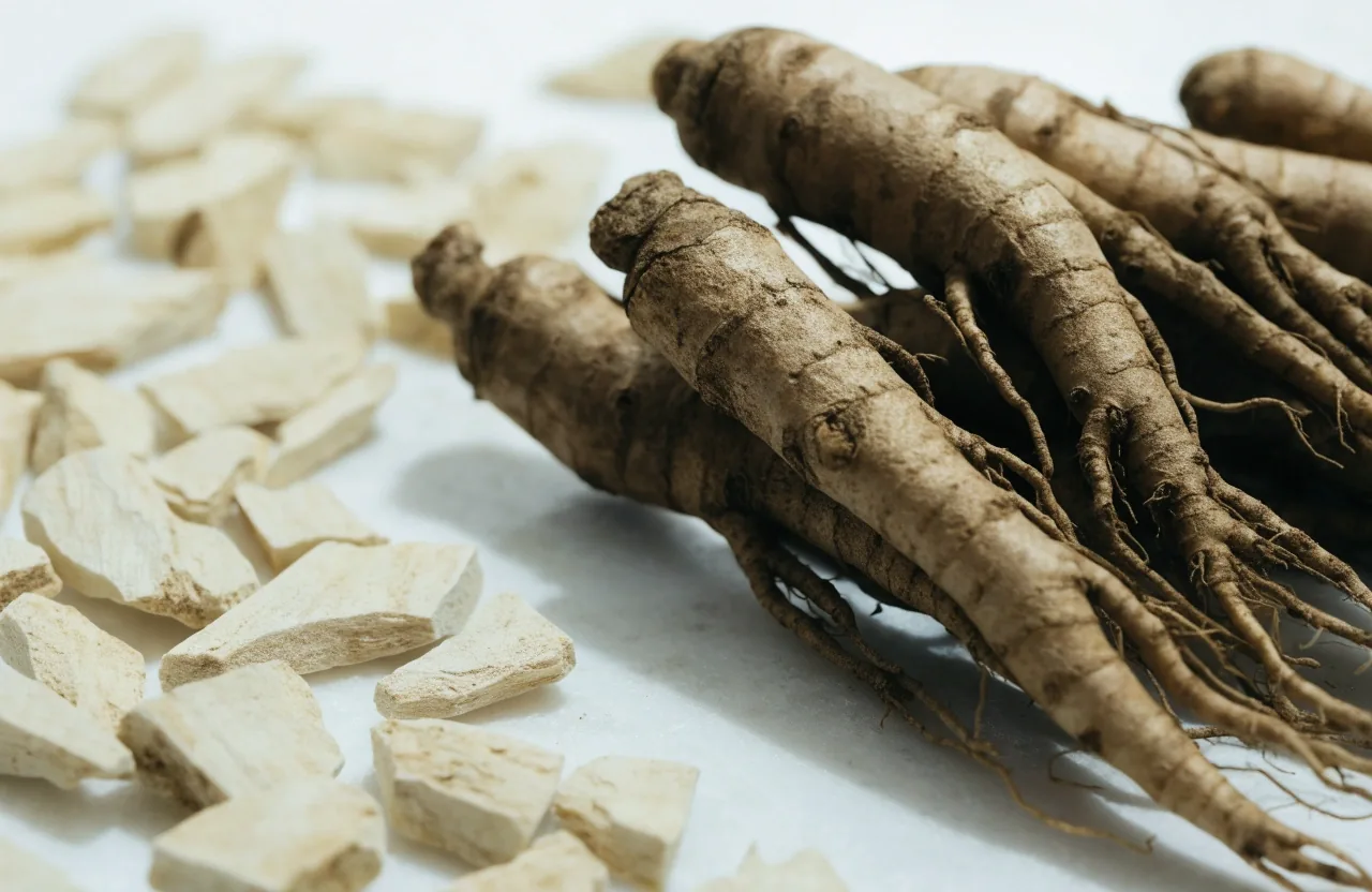 Whole ginseng roots and dried ashwagandha pieces on a white stone worktop under cool cleanroom light