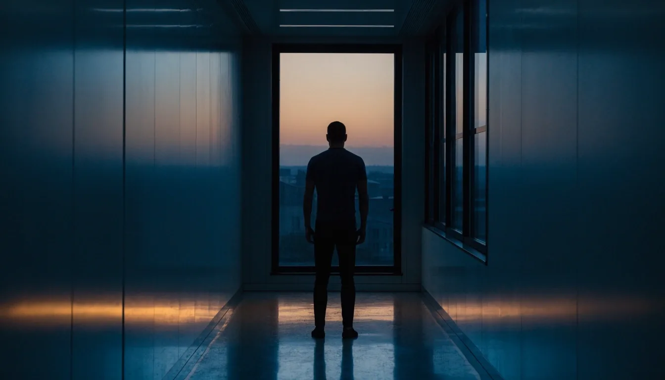 A silhouetted figure standing at a tall window at dusk with evening light on the floor